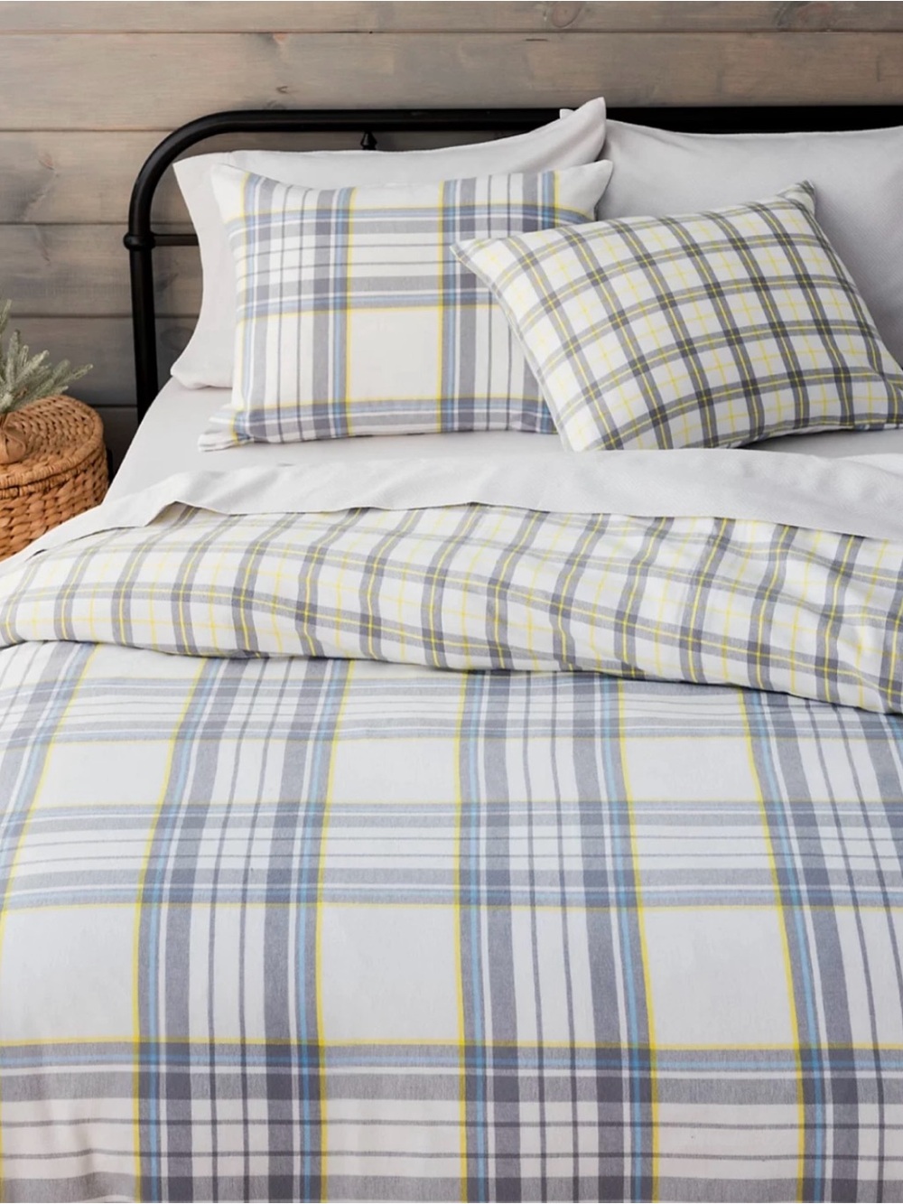 Martha Stewart King Plaid Cotton 3Pc Duvet Cover Set in Gray, Blue & Yellow -